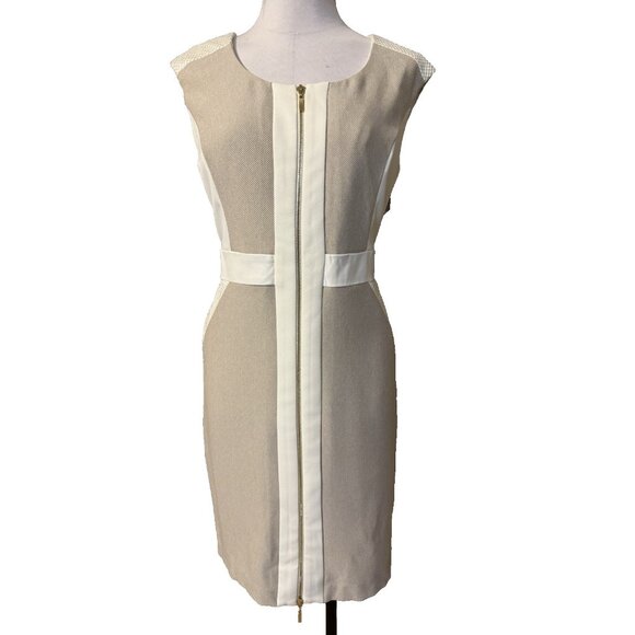 Sandra Darren Dress 12 Stretch Ivory Tan Panel Mesh Career Church Washable NEW - Picture 1 of 15